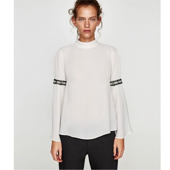 ZARA | NEW Ecru Tweed & Pearl Banded Bell Sleeve Blouse Women’s Size Medium - Picture 1 of 12